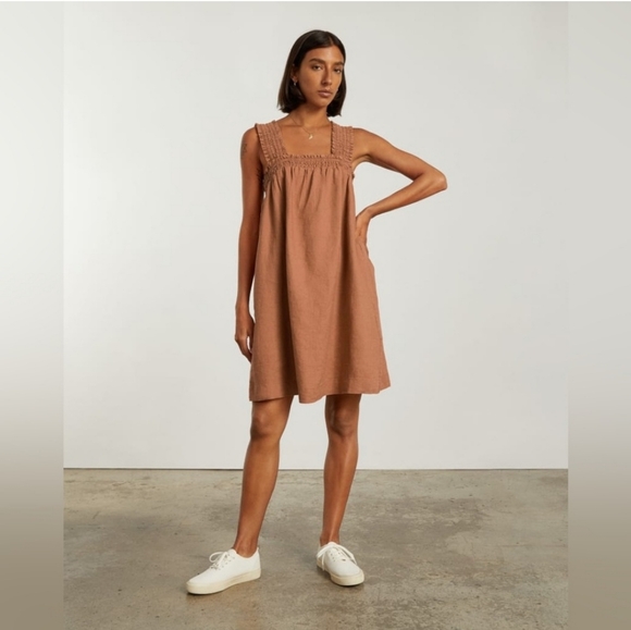 Everlane The Smocked Linen Dress Size XS Light Brown - Picture 2 of 14